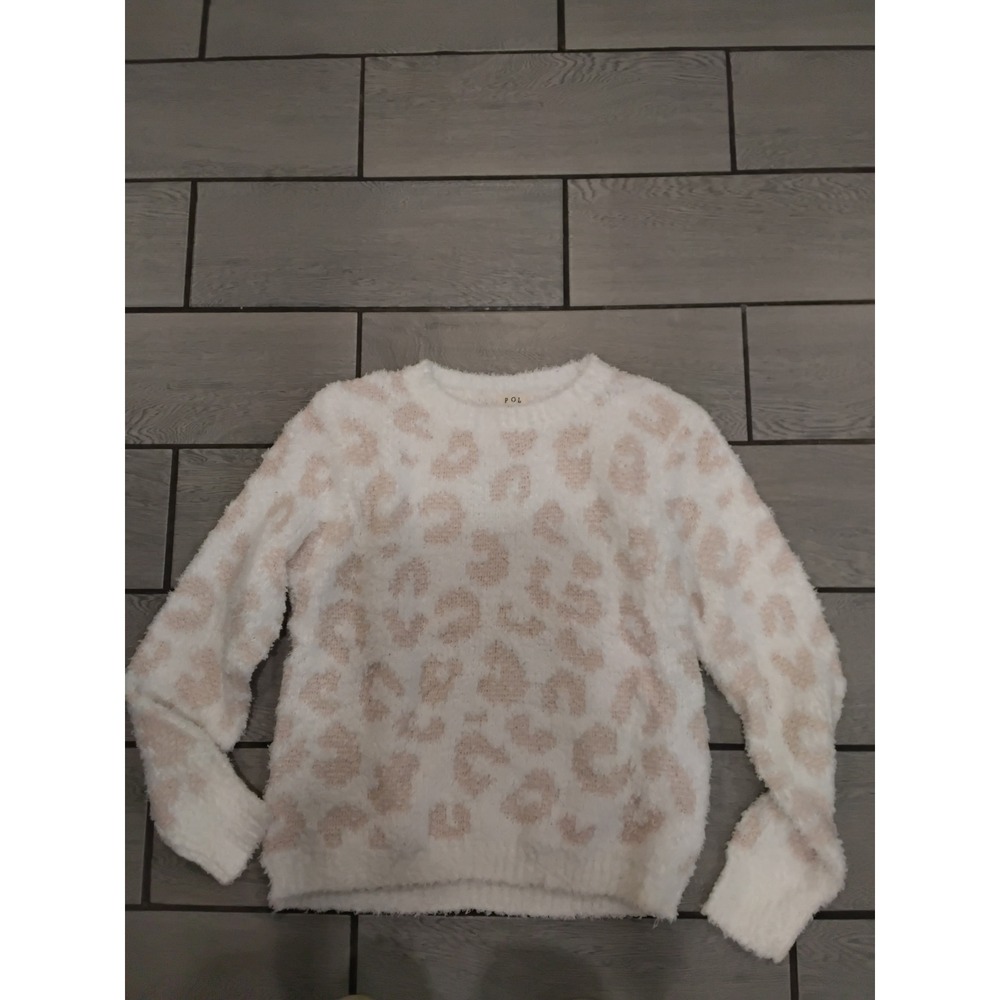 POL Leopard Print Fuzzy Sweater Women's Size M Cream Pink Soft Cozy
